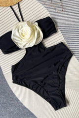 Rosette Halter Neck Cut-Out One Piece Swimsuit