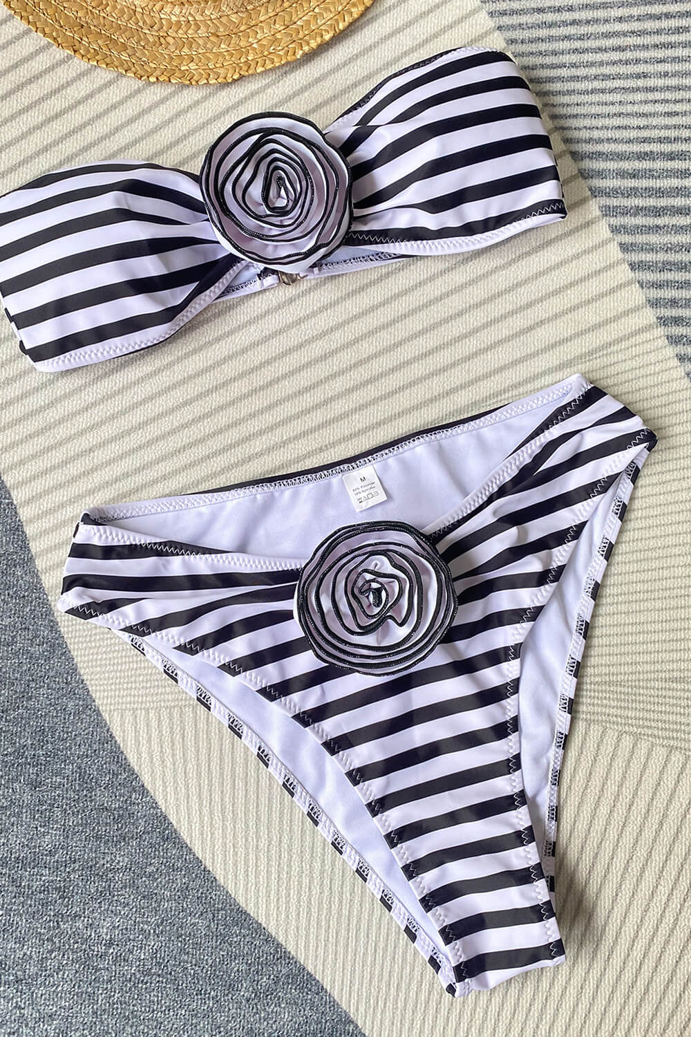 Rosette Bandeau High Waisted Bikini Set - Cream Black Stripe