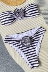 Rosette Bandeau High Waisted Bikini Set - Cream Black Stripe