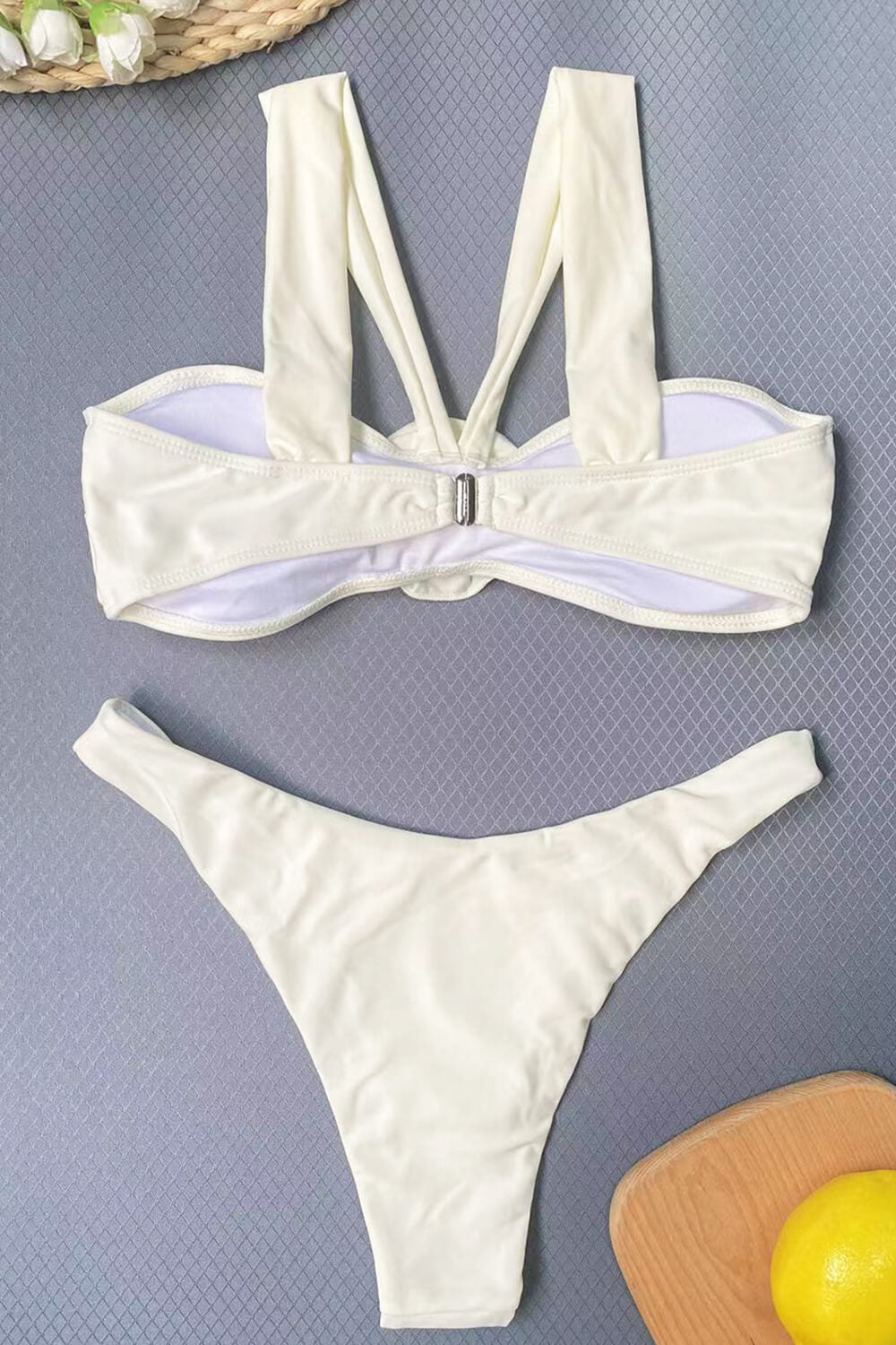 Ivory Rose Applique Bandeau Halterneck Strap High Leg Bikini Set