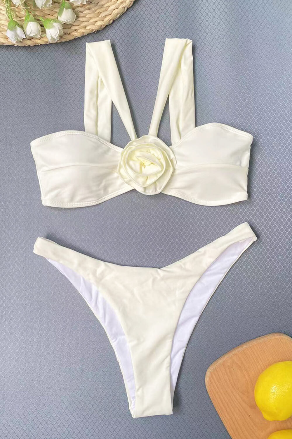 Ivory Rose Applique Bandeau Halterneck Strap High Leg Bikini Set