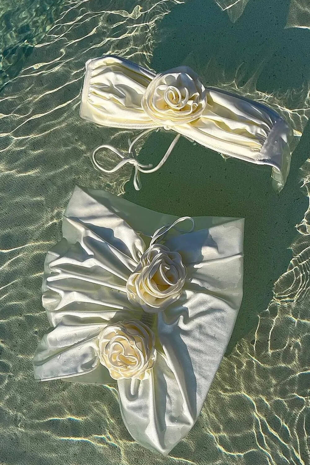 Ivory Rose Applique Bandeau Halterneck Strap High Leg Bikini Set With Gathered Mini Sarong Skirt