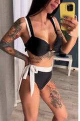 Two Tone Front 'U' Tie Up High-Waisted Bikini Set