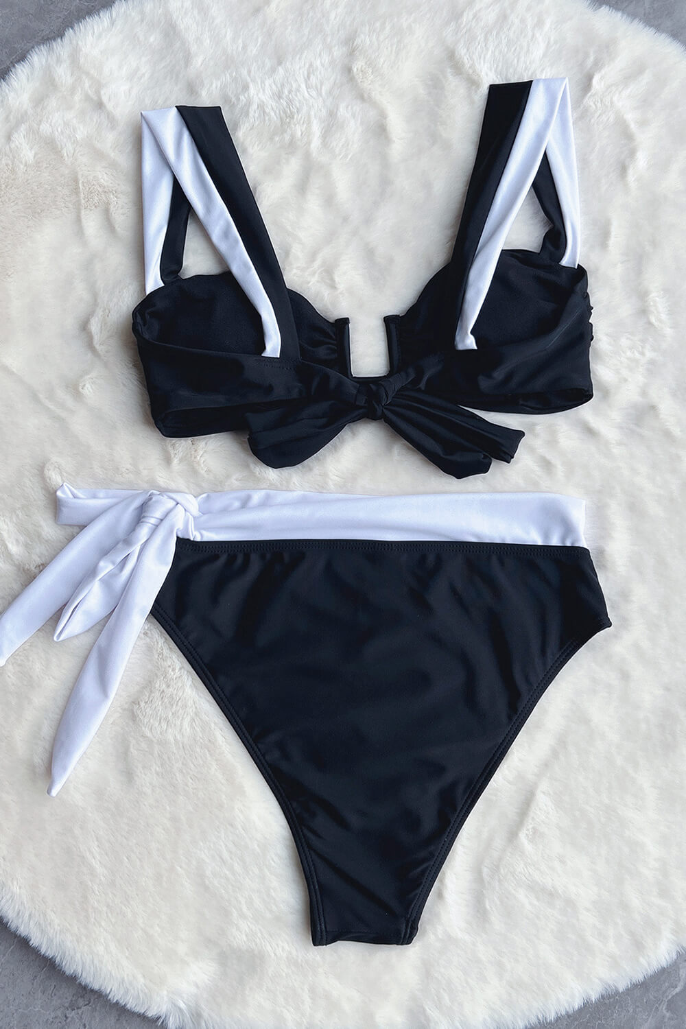 Two Tone Front 'U' Tie Up High-Waisted Bikini Set