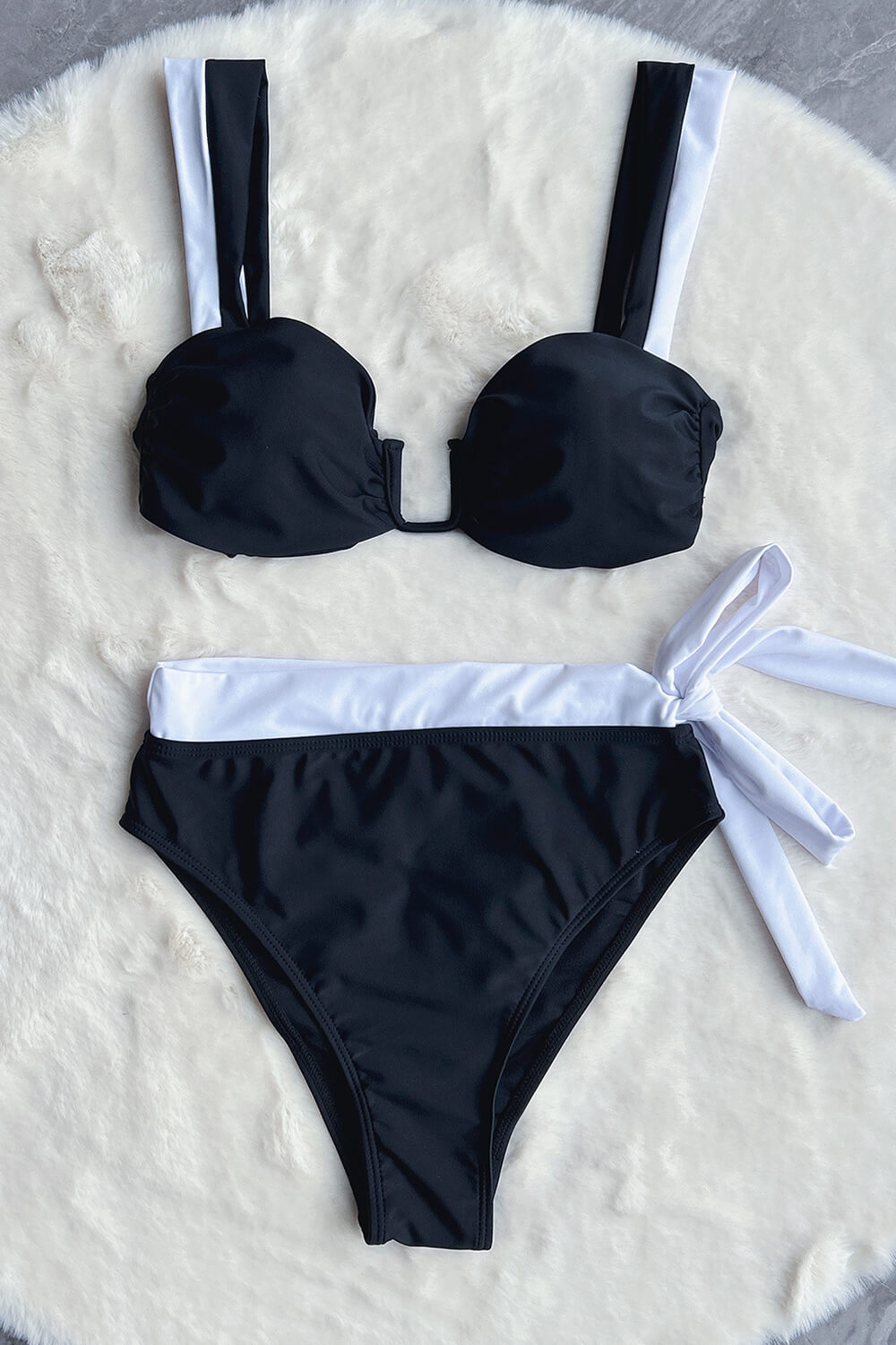 Two Tone Front 'U' Tie Up High-Waisted Bikini Set