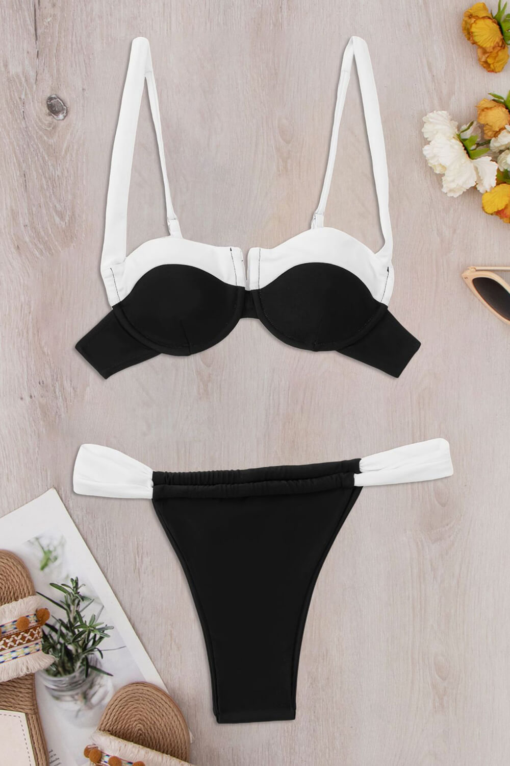 Black White Two-Tone Underwire Ruched Bikini Set
