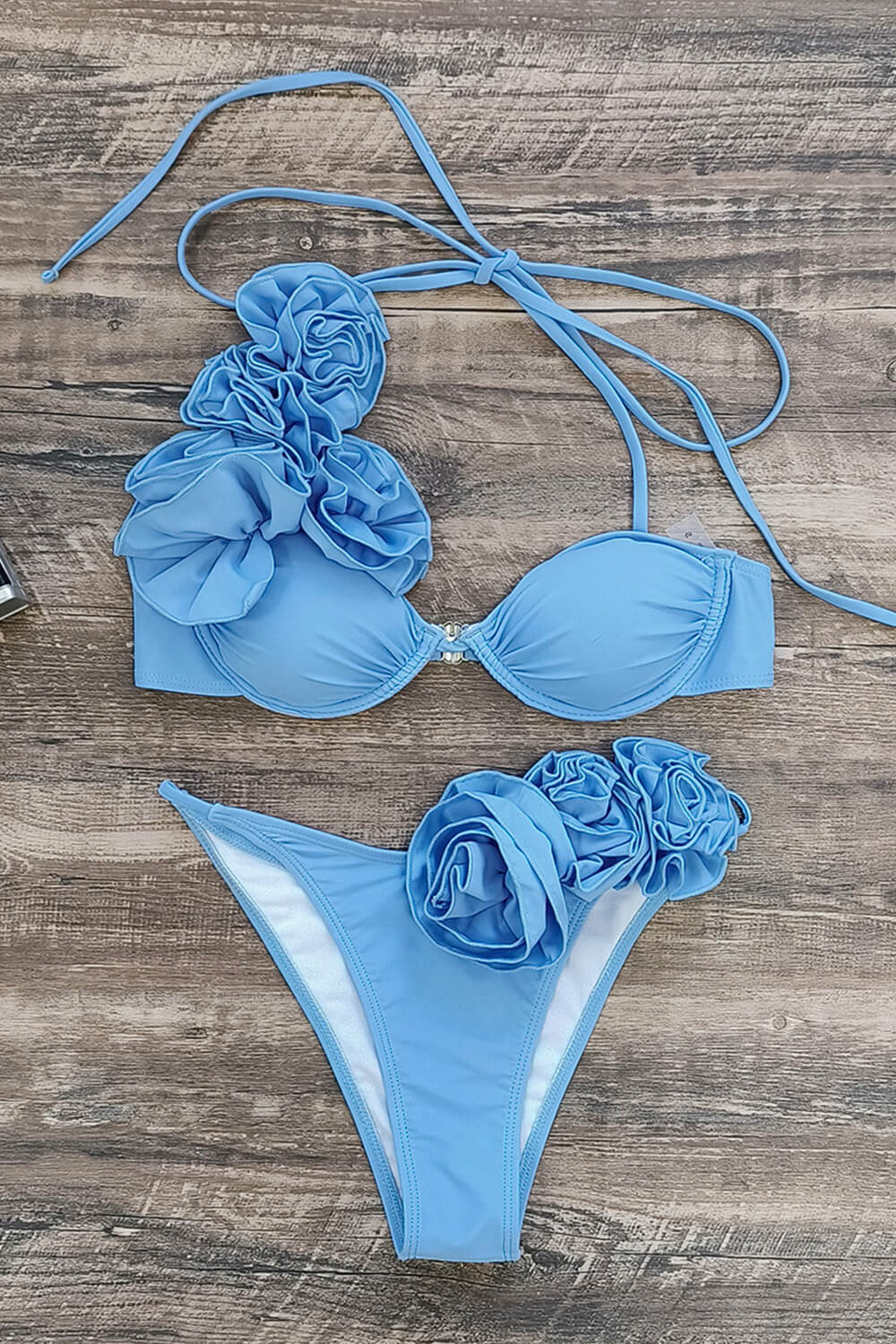 Flower Detail Ruched Underwired Halter Bikini Set