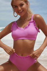 Purple Ruffled Trim High Waist Bikini Set