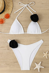 Rosette Triangle Halter High-Cut Bikini Set - Black White