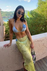 Light Blue Flower Detail Halterneck Triangle Bikini Set