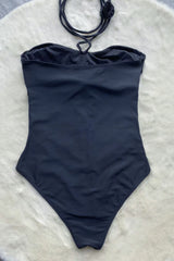 Black Flower Detail Ruched Cutout Stretch Halterneck One Piece Swimsuit