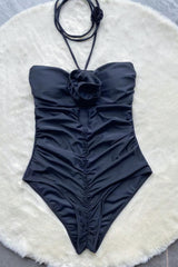 Black Flower Detail Ruched Cutout Stretch Halterneck One Piece Swimsuit