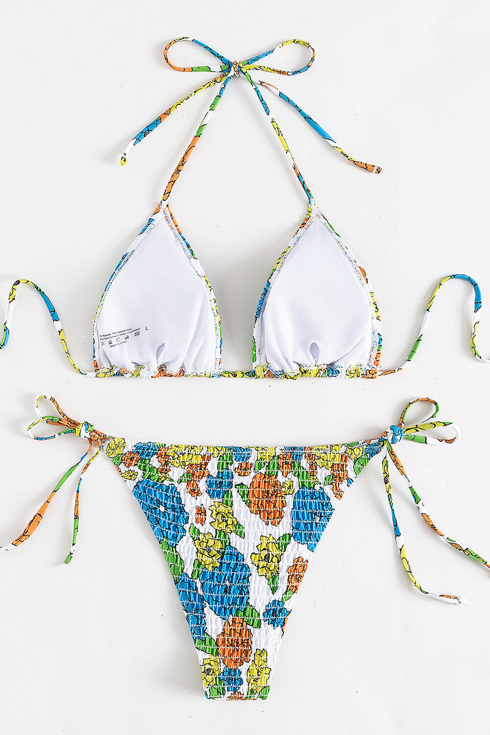 Floral Print Crinkle Triangle Halter Tie Side Bikini Set
