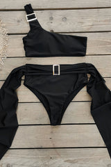 One Shoulder High-Waisted Bikini Set With Golden Buckle Details - Black