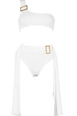 One Shoulder High-Waisted Bikini Set With Golden Buckle Details - White