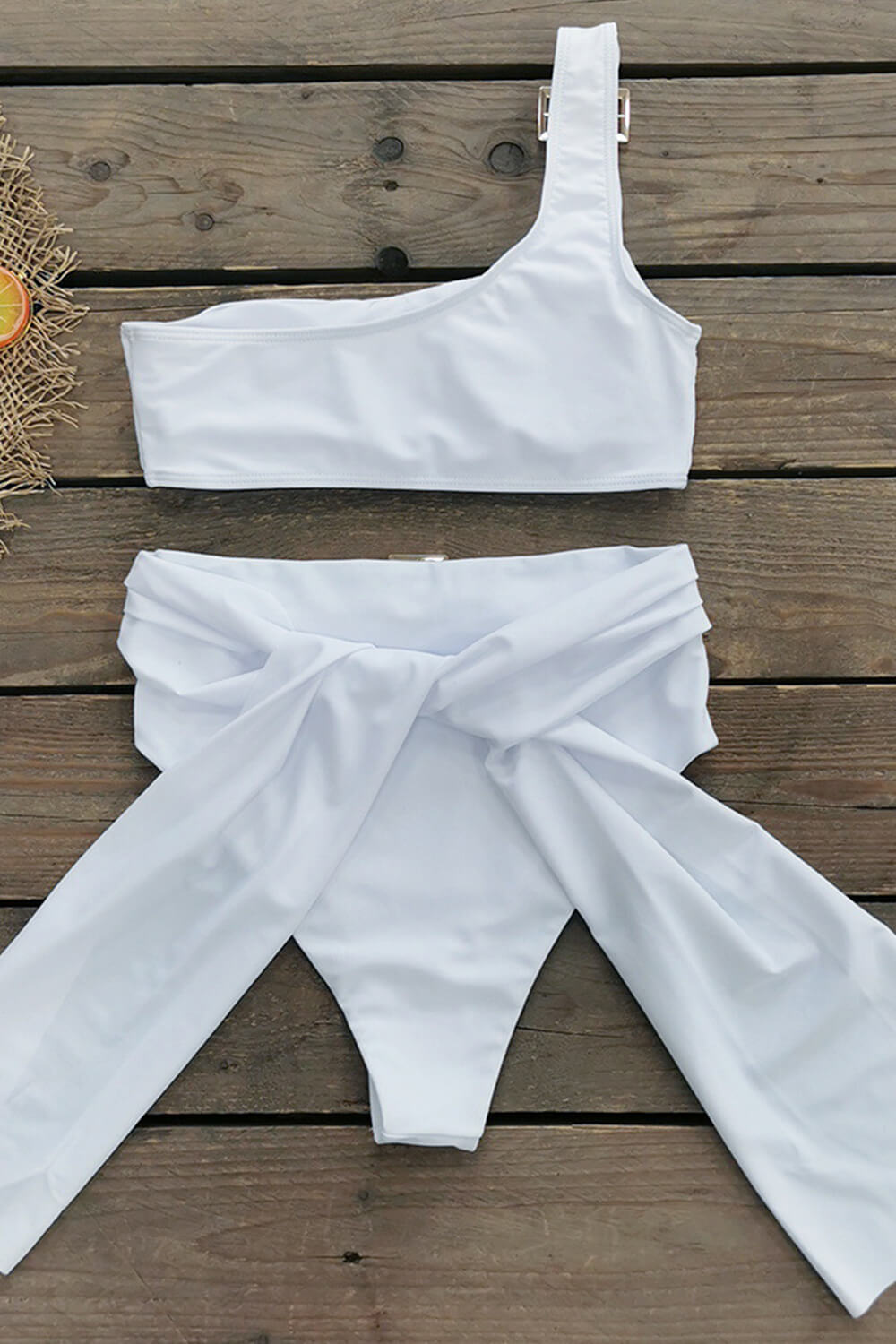 One Shoulder High-Waisted Bikini Set With Golden Buckle Details - White