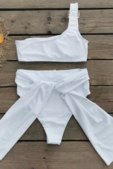 One Shoulder High-Waisted Bikini Set With Golden Buckle Details - White