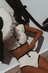Color Block Ribbed Button Front Cropped High Waisted Bikini Set - White