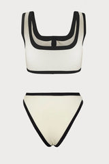 Color Block Ribbed Button Front Cropped High Waisted Bikini Set - White