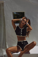 Color Block Ribbed Button Front Cropped High Waisted Bikini Set - Black