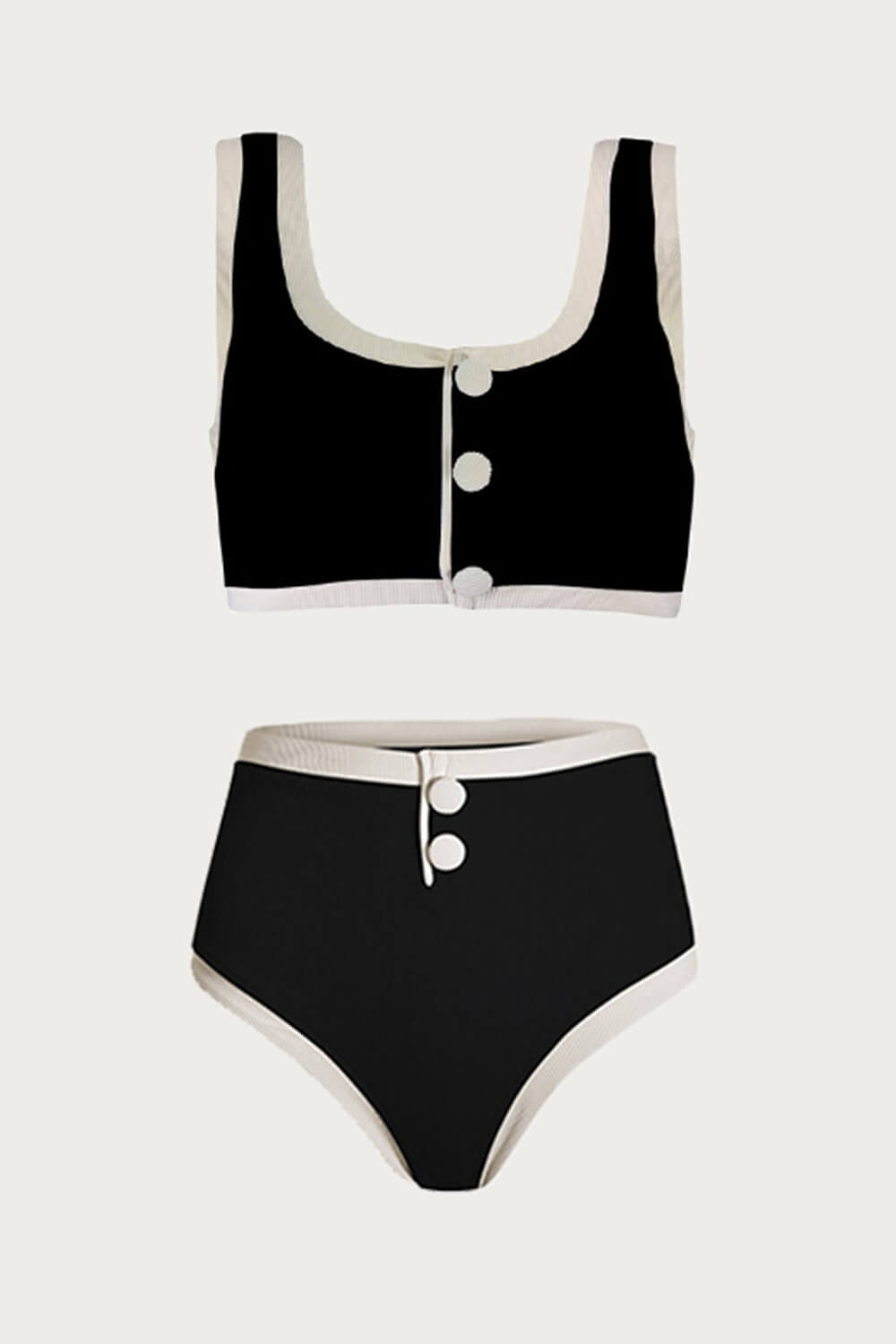 Color Block Ribbed Button Front Cropped High Waisted Bikini Set - Black