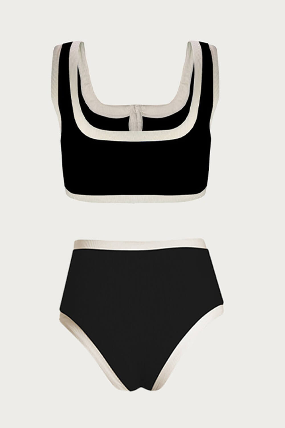 Color Block Ribbed Button Front Cropped High Waisted Bikini Set - Black