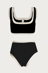 Color Block Ribbed Button Front Cropped High Waisted Bikini Set - Black