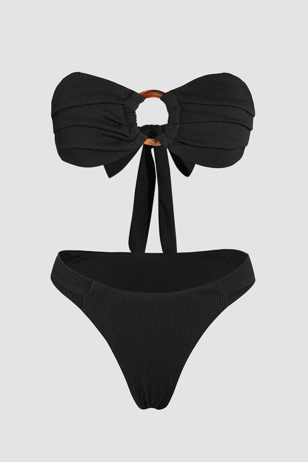 Ribbed Bandeau Tie Back Bikini Set With Tortoise Shell O-Ring Detail - Black