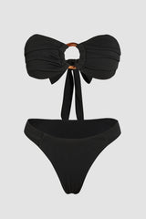Ribbed Bandeau Tie Back Bikini Set With Tortoise Shell O-Ring Detail - Black