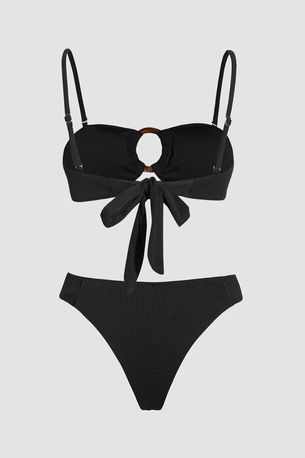 Ribbed Bandeau Tie Back Bikini Set With Tortoise Shell O-Ring Detail - Black