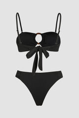 Ribbed Bandeau Tie Back Bikini Set With Tortoise Shell O-Ring Detail - Black