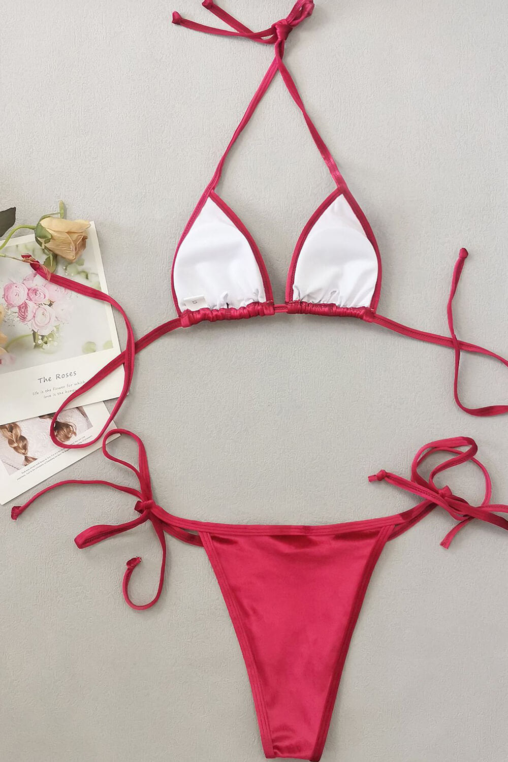 Velvet Triangle Halter Tie Side Bikini Set - Fuchsia