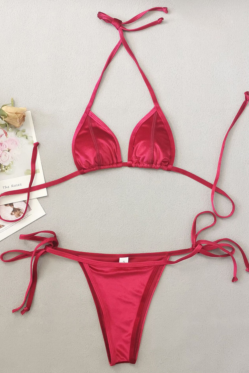 Velvet Triangle Halter Tie Side Bikini Set - Fuchsia