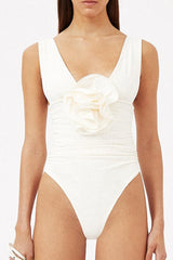 Cream V Neck 3D Flower Ruched One Piece Swimsuit