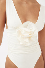 Cream V Neck 3D Flower Ruched One Piece Swimsuit