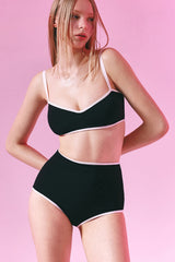 Contrast Trim Cami High Waisted Bikini Set - Black & White