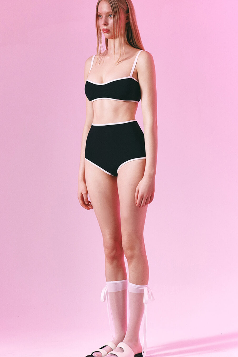 Contrast Trim Cami High Waisted Bikini Set - Black & White