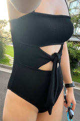 Crinkle Cut-Out Tie Front One Piece Swimsuit - Black