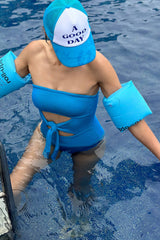 Crinkle Cut-Out Tie Front One Piece Swimsuit - Light Blue