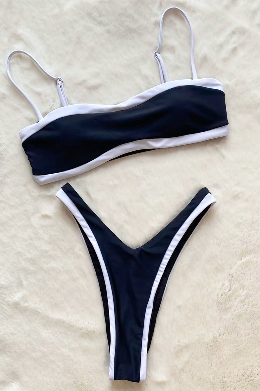 Contrast Trim Cami High-Leg Bikini Set - Black & White
