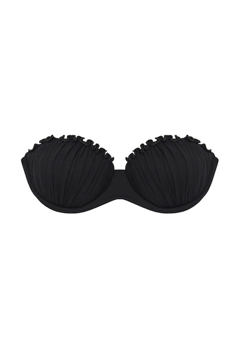 Shell Bandeau Underwire Push Up Frill Trim High Leg Bikini Set - Black