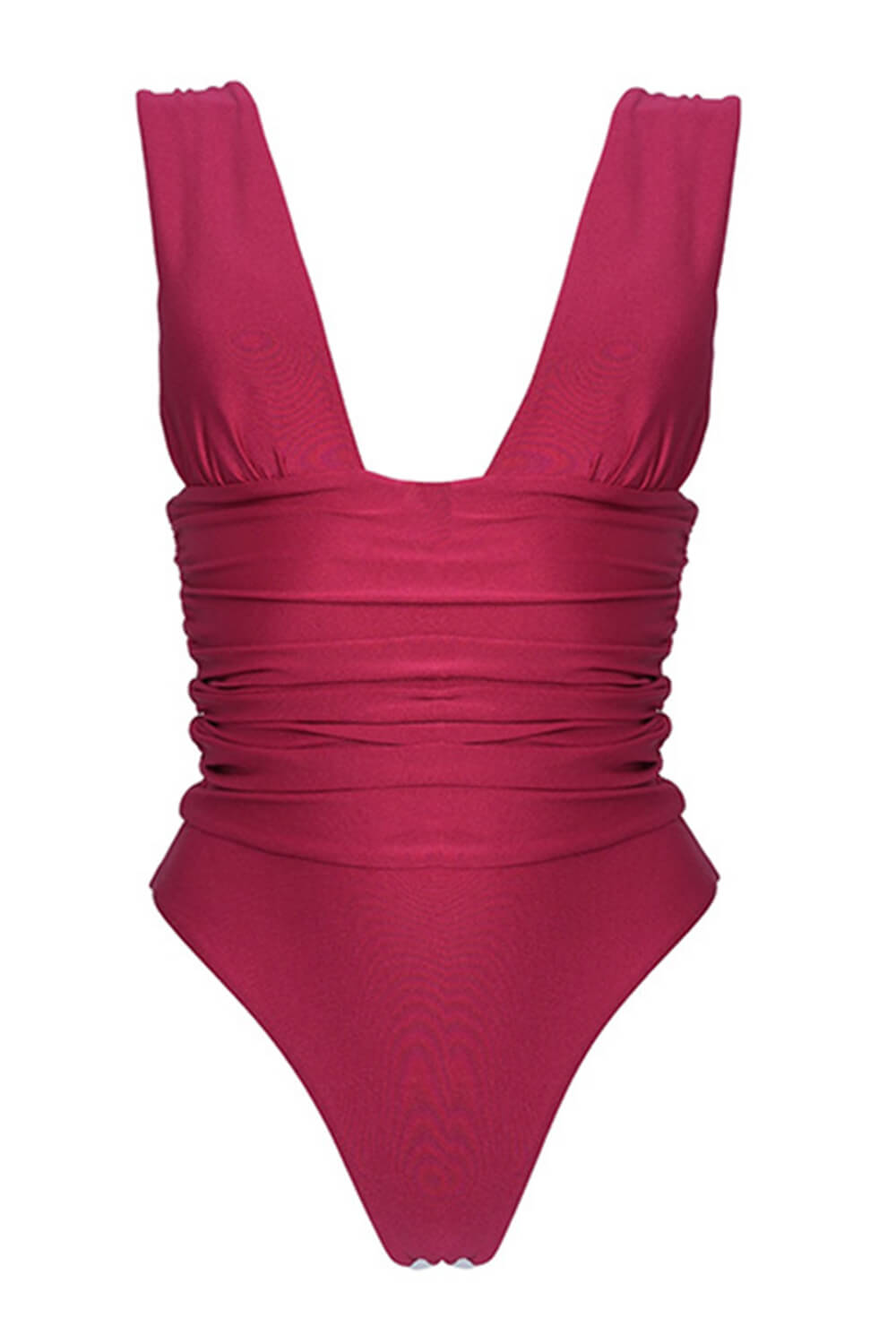 Plunge Ruched High-Leg One Piece Swimsuit - Red