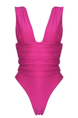 Plunge Ruched High-Leg One Piece Swimsuit - Hot Pink