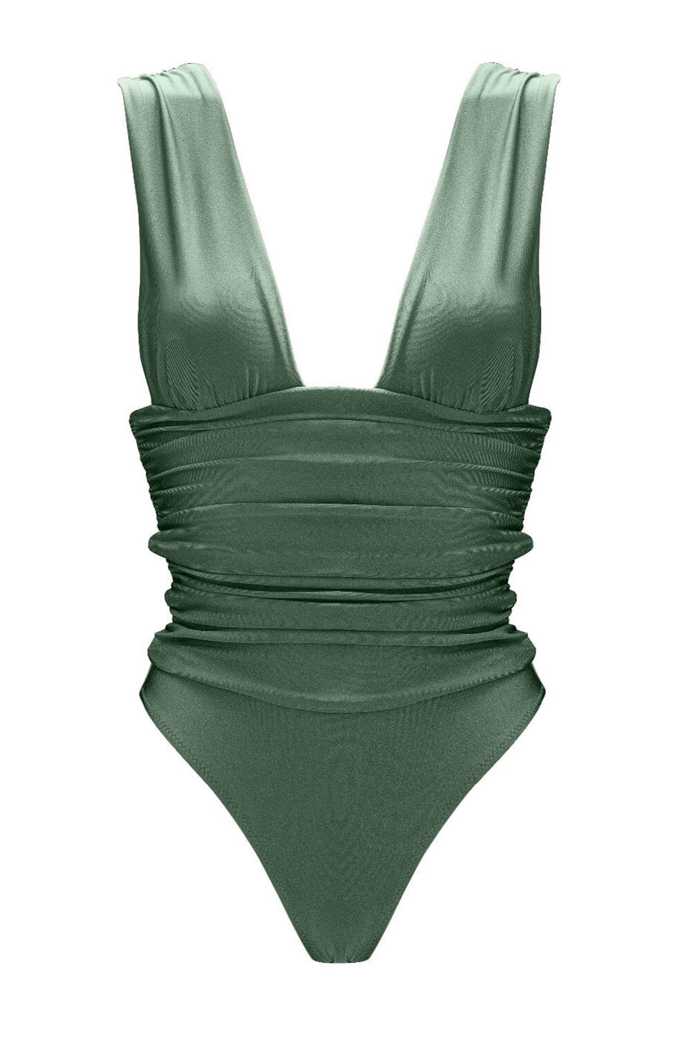 Plunge Ruched High-Leg One Piece Swimsuit - Militarygreen