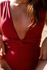 Plunge Twist Front High-Leg One Piece Swimsuit - Red