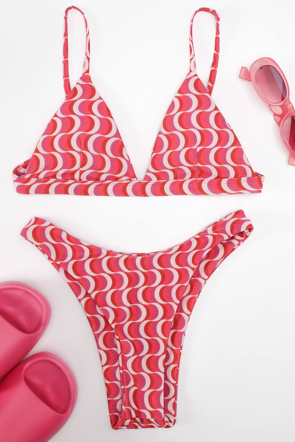 Wave Print Triangle High-Cut Bikini Set