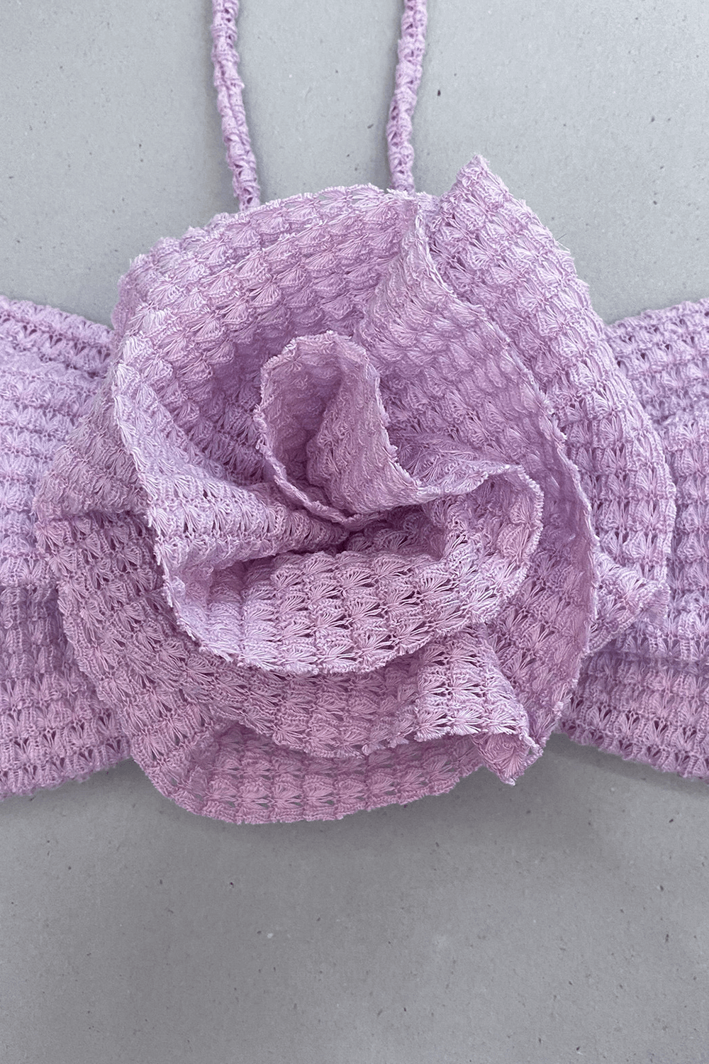 Crocheted Knit Bandeau Halter Bikini Set With Ruched Floral Mini Skirt - Lilac