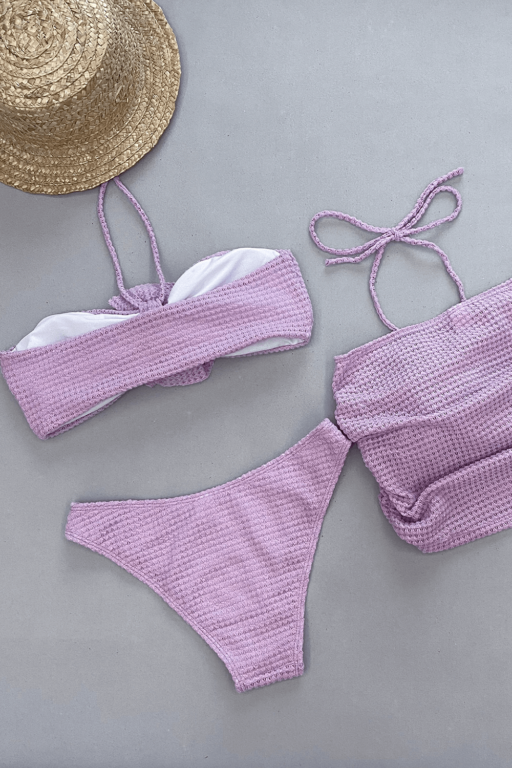 Crocheted Knit Bandeau Halter Bikini Set With Ruched Floral Mini Skirt - Lilac