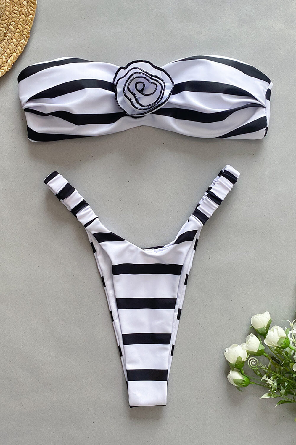 Rosette Bandeau High-Cut Scrunch Bikini Set - Black White Stripe