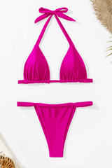 Triangle Ruched Halterneck Tie Side Bikini Set - Hot Pink